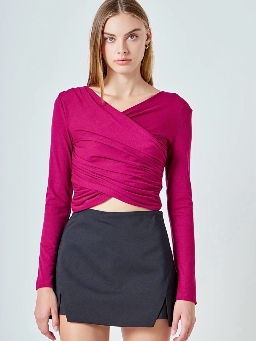 Endless Rose Magenta Wrap-Front Long Sleeve Crop Top